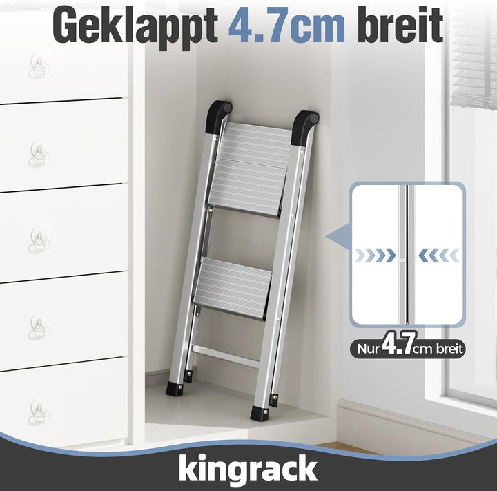 KINGRACK Trittleiter 2 Stufen Klappbar, Tritthocker aus Aluminium &amp; Stahl | Klapptritt mit Breite ru