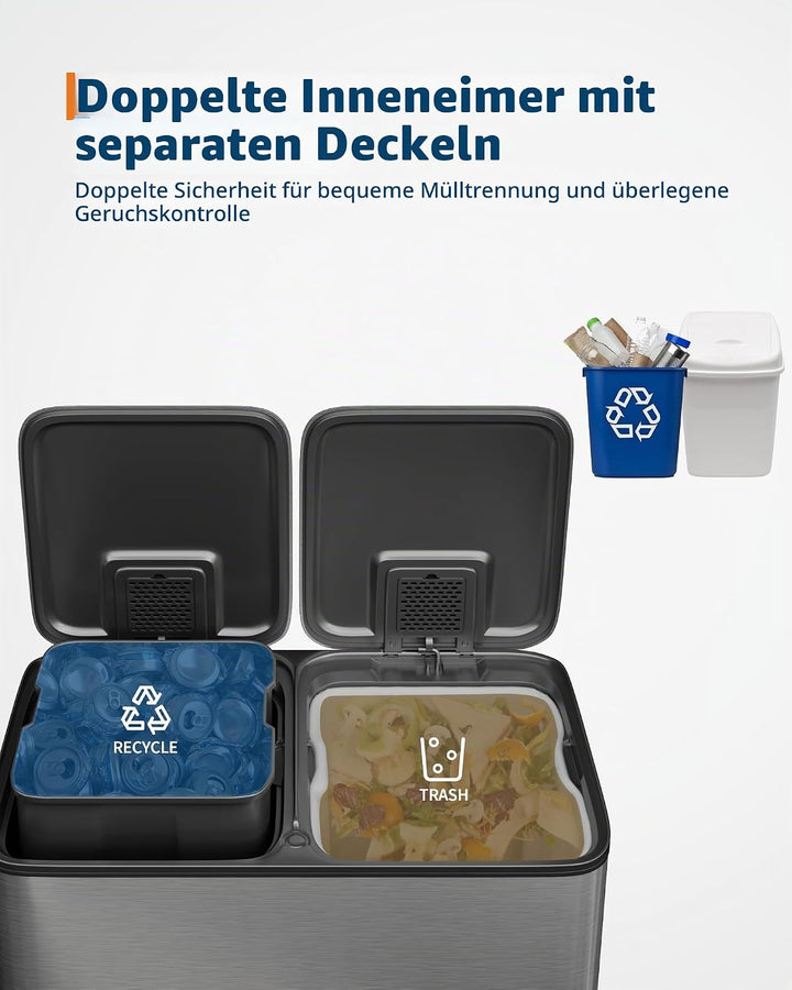 Metall Mülleimer Küche 2-fach, 80L Mülltrennsystem mit 2 Fusspedalen &amp; Soft-Close, 2 x 40L Inneneime