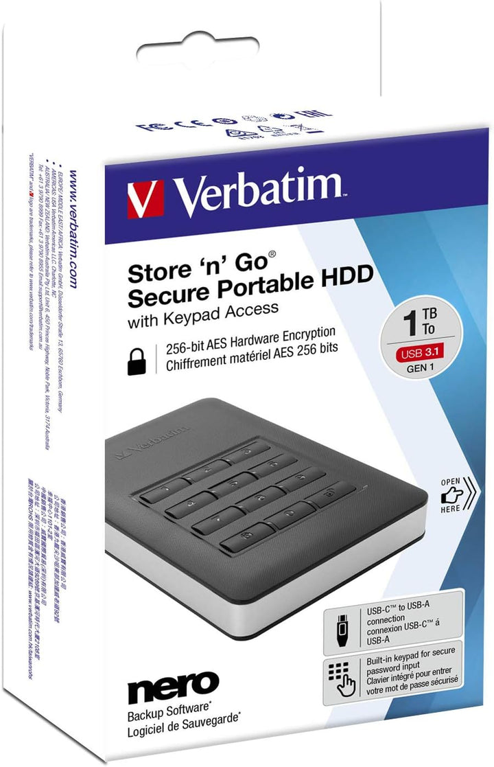 Verbatim Store ‘n’ Go Secure Portable I 2 TB I Schwarz I Externe Festplatte mit Code-Zugang I USB 3.