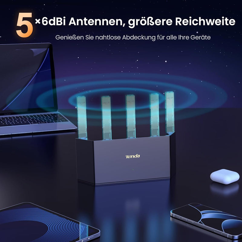 Tenda RX12L Pro Wi-Fi 6 WLAN Router (AX3000 Dualband 2402Mbit/s 5 GHz, 574Mbit/s 2,4GHz) 5x6dBi Ante
