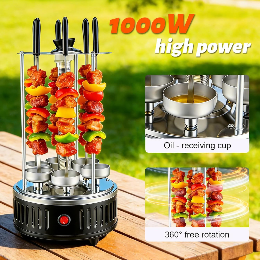 Elektrischer BBQ Tischgrill Vertikalgrill aus Edelstahl, Schaschlikgrill mit 12 Spiessen und 2 Glasr