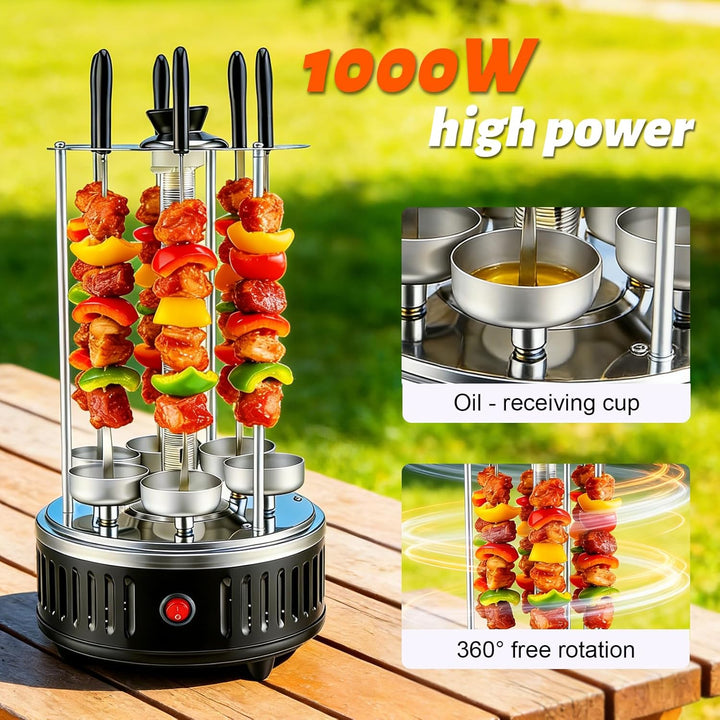 Elektrischer BBQ Tischgrill Vertikalgrill aus Edelstahl, Schaschlikgrill mit 12 Spiessen und 2 Glasr