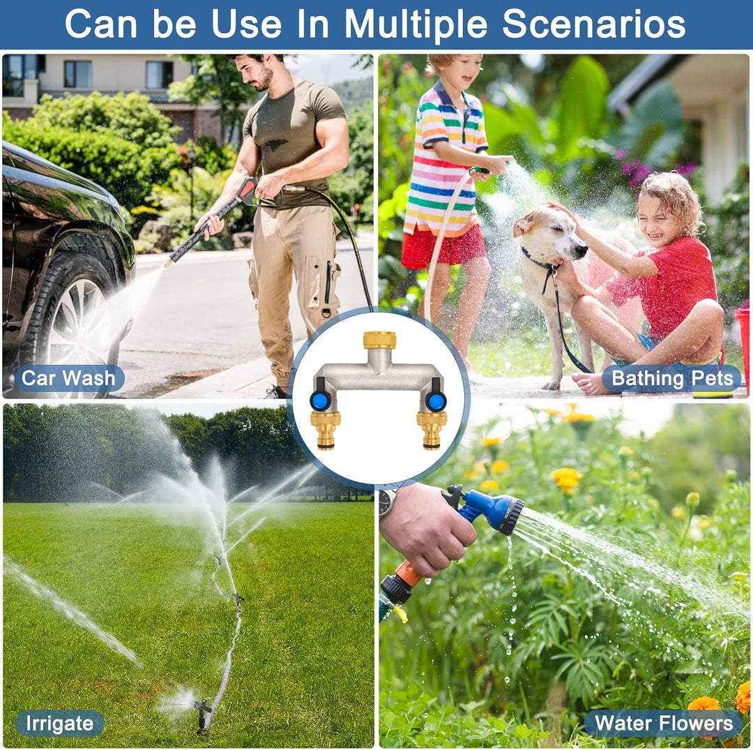 2-Wege Wasserhahn Wasserverteiler aus Messing für 2 Geräte/Gartenschläuche, 2er Verteiler 3/4" Adapt