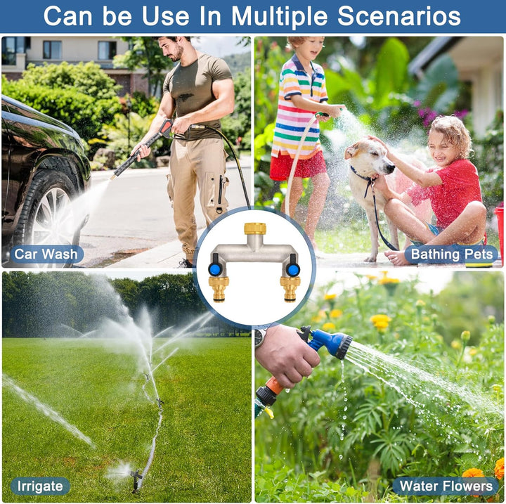 2-Wege Wasserhahn Wasserverteiler aus Messing für 2 Geräte/Gartenschläuche, 2er Verteiler 3/4" Adapt