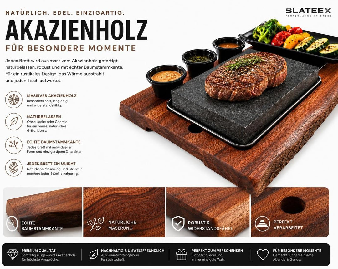 Heisser Stein Steak Set mit Akazienholzbrett – Lavastein zum Grillen am Tisch, Steakstein mit Edelst