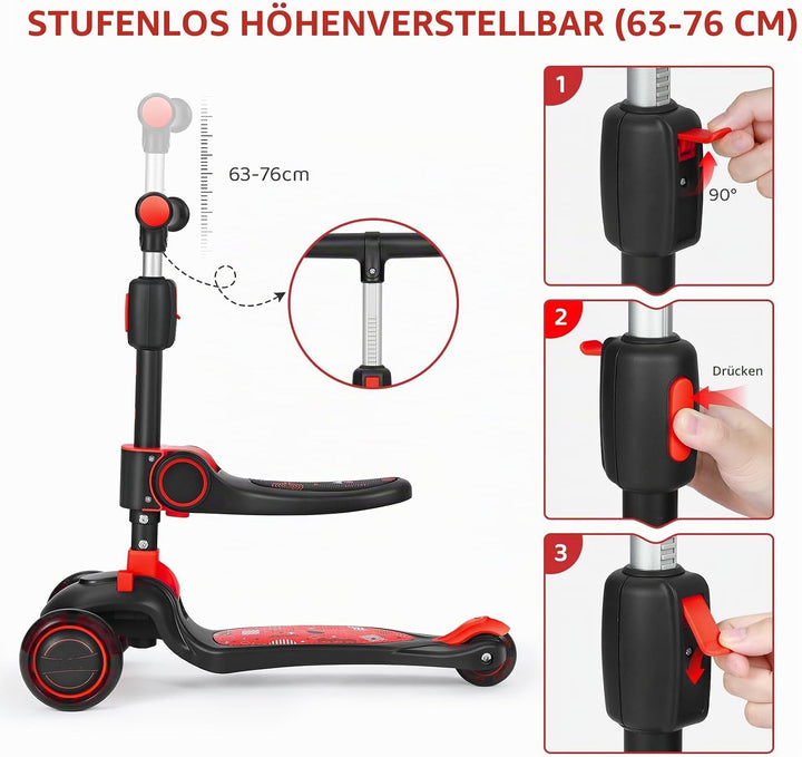 Kinderroller mit 360° drehbarem Sitz, stufenlose Höhenverstellung, Scooter mit LED-Rädern, Faltbarer