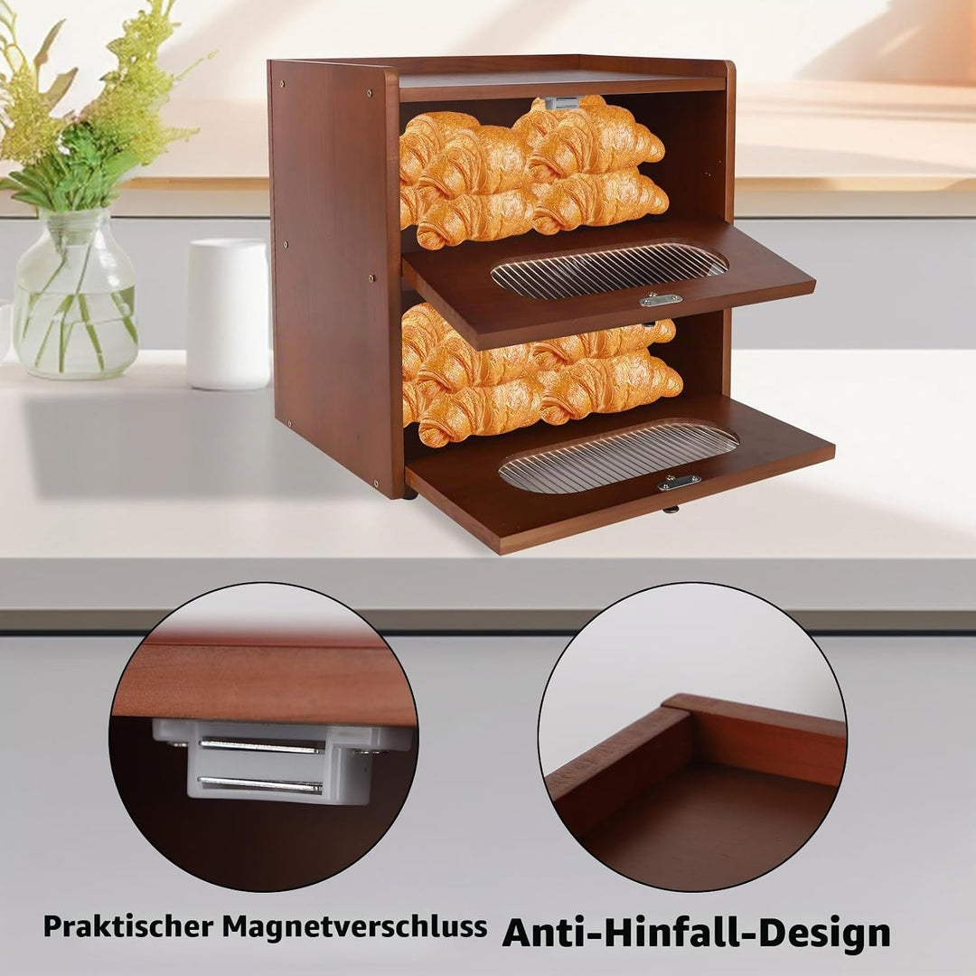 Brotkasten, Brotkasten Holz, Brotbehälter Visualisiert für Brot, 2 Etagen Brotkästen mit Belüftung,