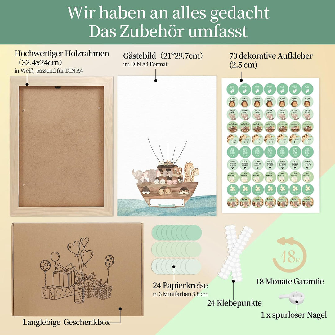 Legezon Gästebuch Babyparty mit Bilderrahmen, Arche Noah – Alternative zum Gästebuch für Taufe, Gebu