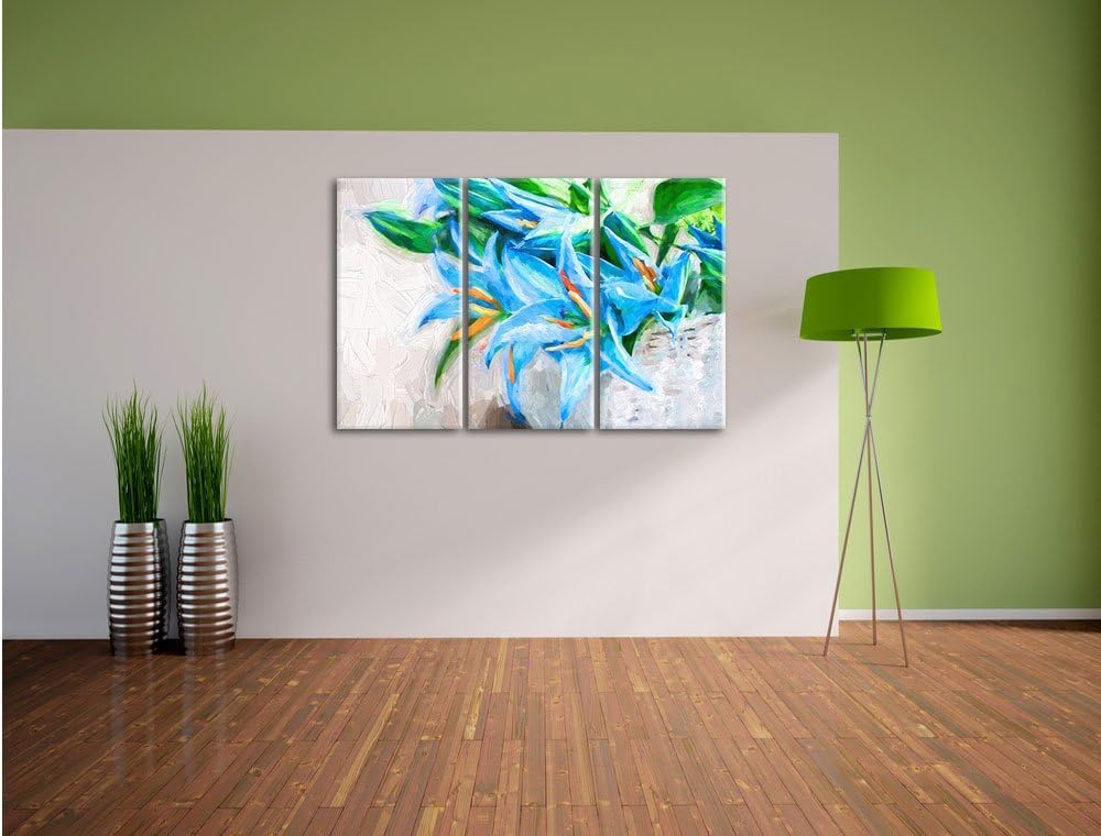 Pixxprint Blaue Blumen im Körbchen als Leinwandbild/Grösse: 3 Teilig (120x80 cm) cm/Wandbild/Kunstdr