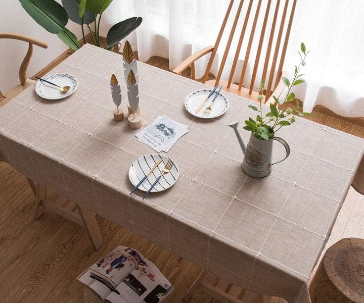 Plenmor Baumwoll-Leinen Tischdecke für Quadrat Tische solide Gitter-Stickerei Tischbedeckung für Küc