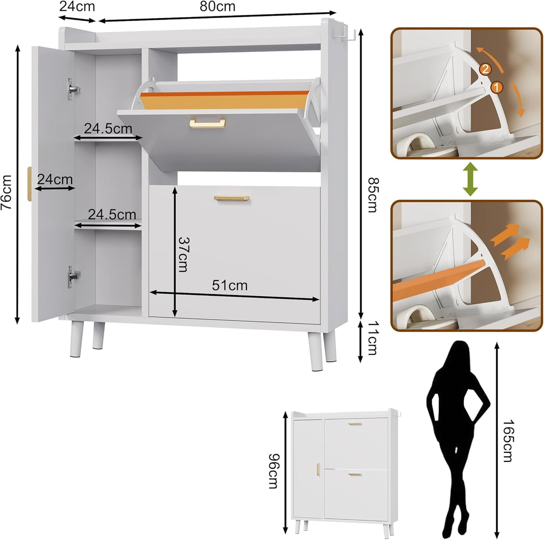 Schuhschrank mit 3 Klappen, Schmaler Schuhaufbewahrung mit Griffen,Freistehendes Schuhregal mit Mass