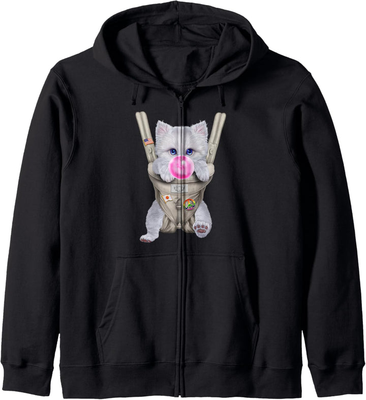 Weisse Katze mit Kaugummi in der Babytrage Kapuzenjacke