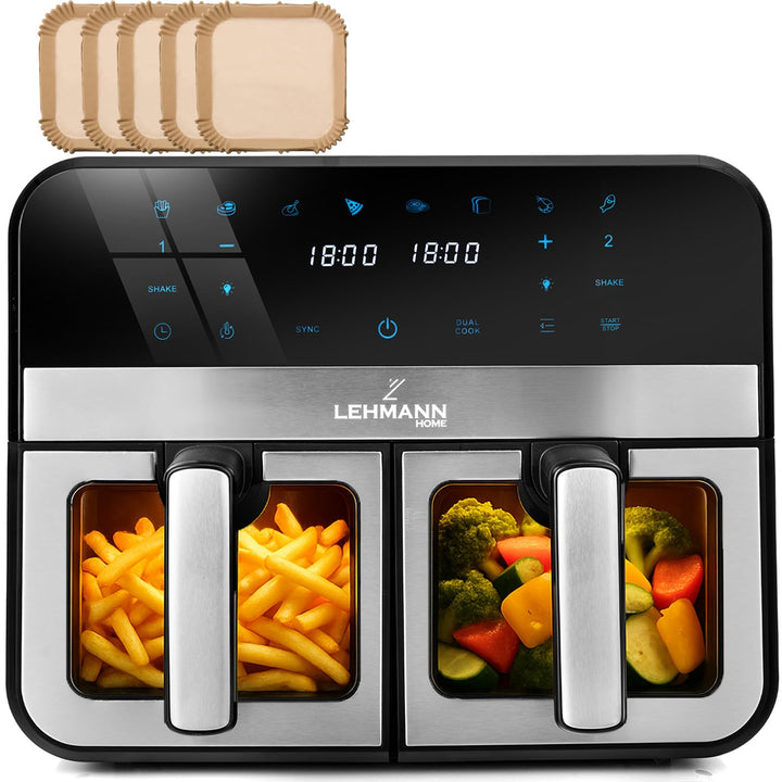 LEHMANN Heissluftfritteuse 2 Kammern XXL mit Sichtfenster, 9L Airfryer Doppelkammer, 2x 4,5L Schubla