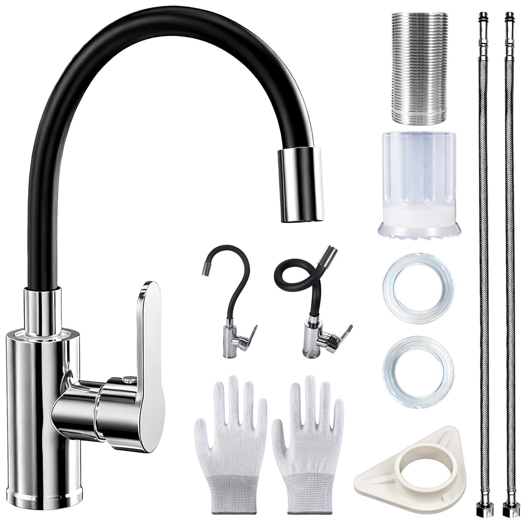 Wasserhahn Küche mit Flexibler Auslauf, Wasserhahn Küche Schwarzmit Handschuhe, Spültischarmatur 360