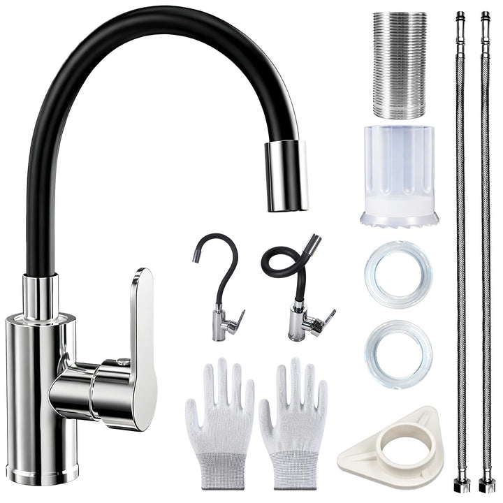 Wasserhahn Küche mit Flexibler Auslauf, Wasserhahn Küche Schwarzmit Handschuhe, Spültischarmatur 360
