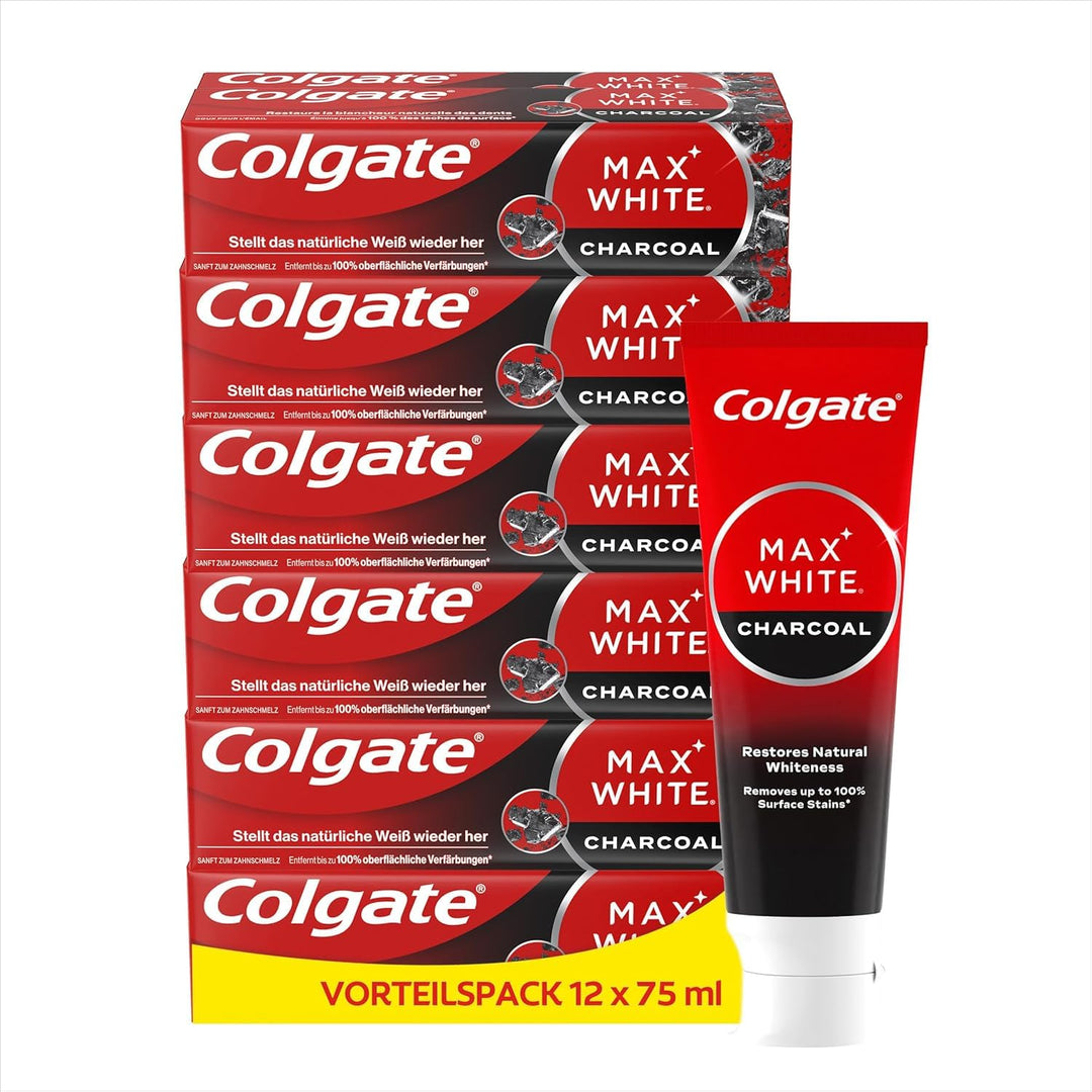 Colgate Zahnpasta Max White Charcoal, 12 x 75ml - Zahncreme mit Aktivkohle, entfernt bis zu 100% der