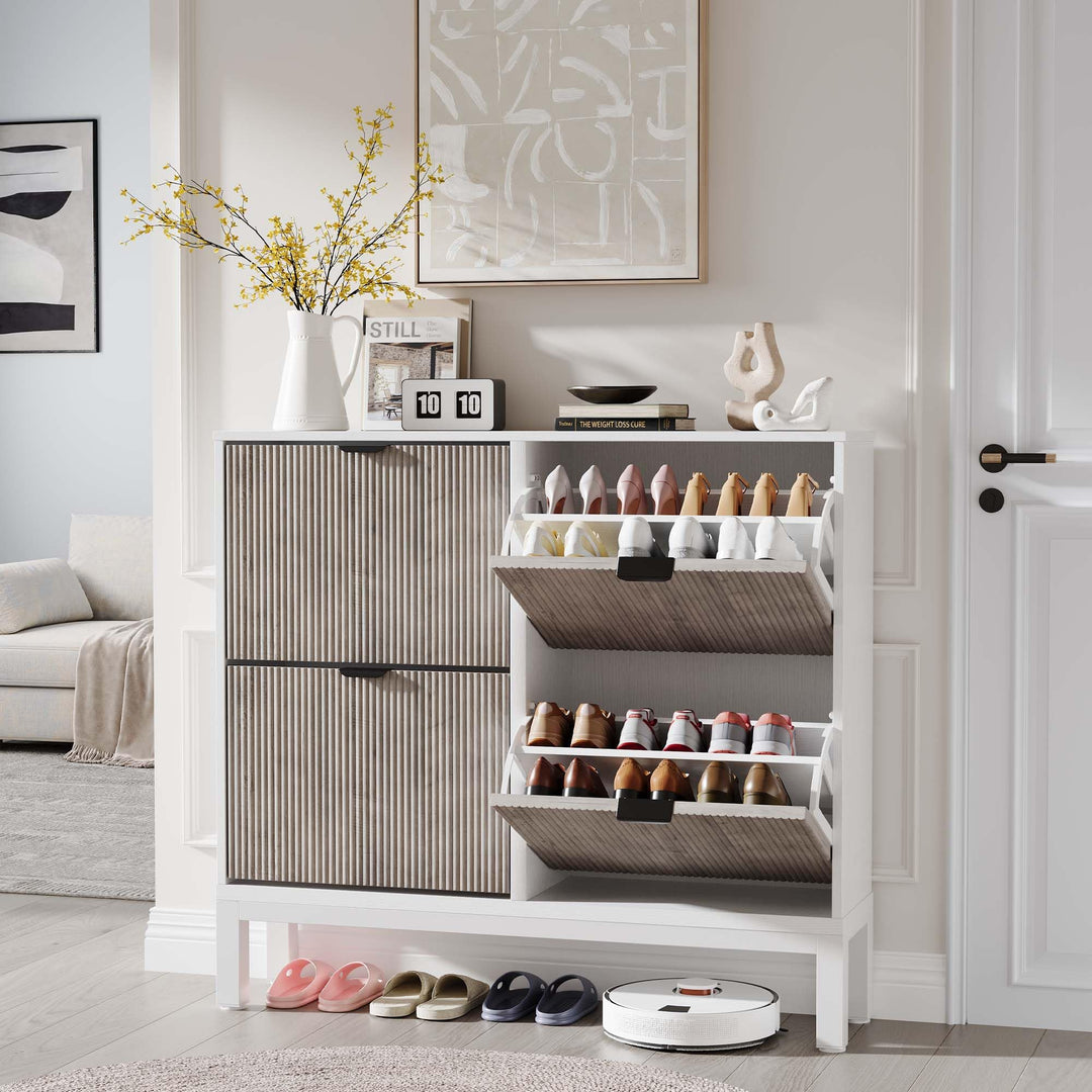 Schuhschrank Schmal, Schuhregal Mit 4 Klappen, Schuhkipper Mit Trennwände Verstellbar Und Abnehmbar,