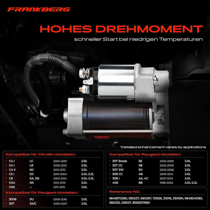 Frankberg Anlasser Starter Kompatibel mit 308 CC 4B 2.0L 2009-2014 C4 Coupe LA 2.0L 2004-2010 307 Br