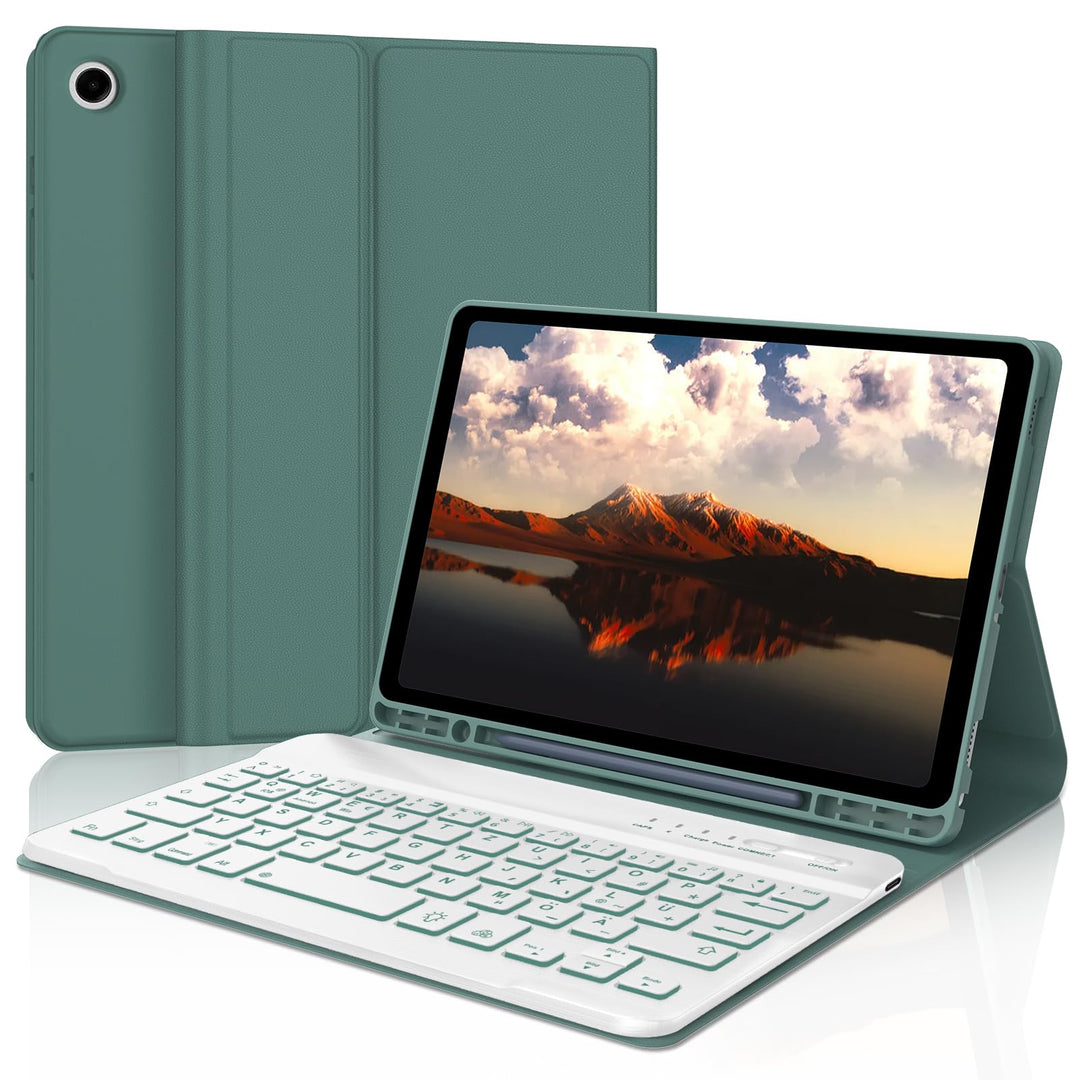 Hülle mit Tastatur für Samsung Galaxy Tab A9 8.7'' 2023, 7 Farben Beleuchtung, QWERTZ Deutsches, Mag