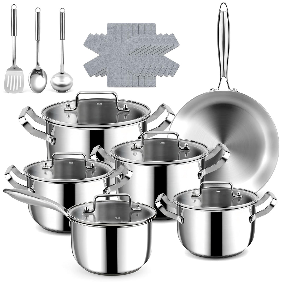 Edelstahl Topfset -3 lagig 30 cm Bratpfannen & 18/20/22/26 cm Deckeltöpfe mit Dampfgarer, 21-teilig