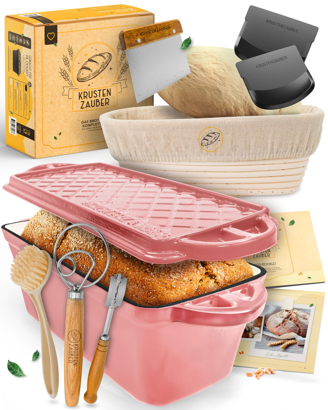 KRUSTENZAUBER Brotbackform mit Deckel emailliert im XXL-Komplettset - Robuste 28 cm Gusseisen Brotba