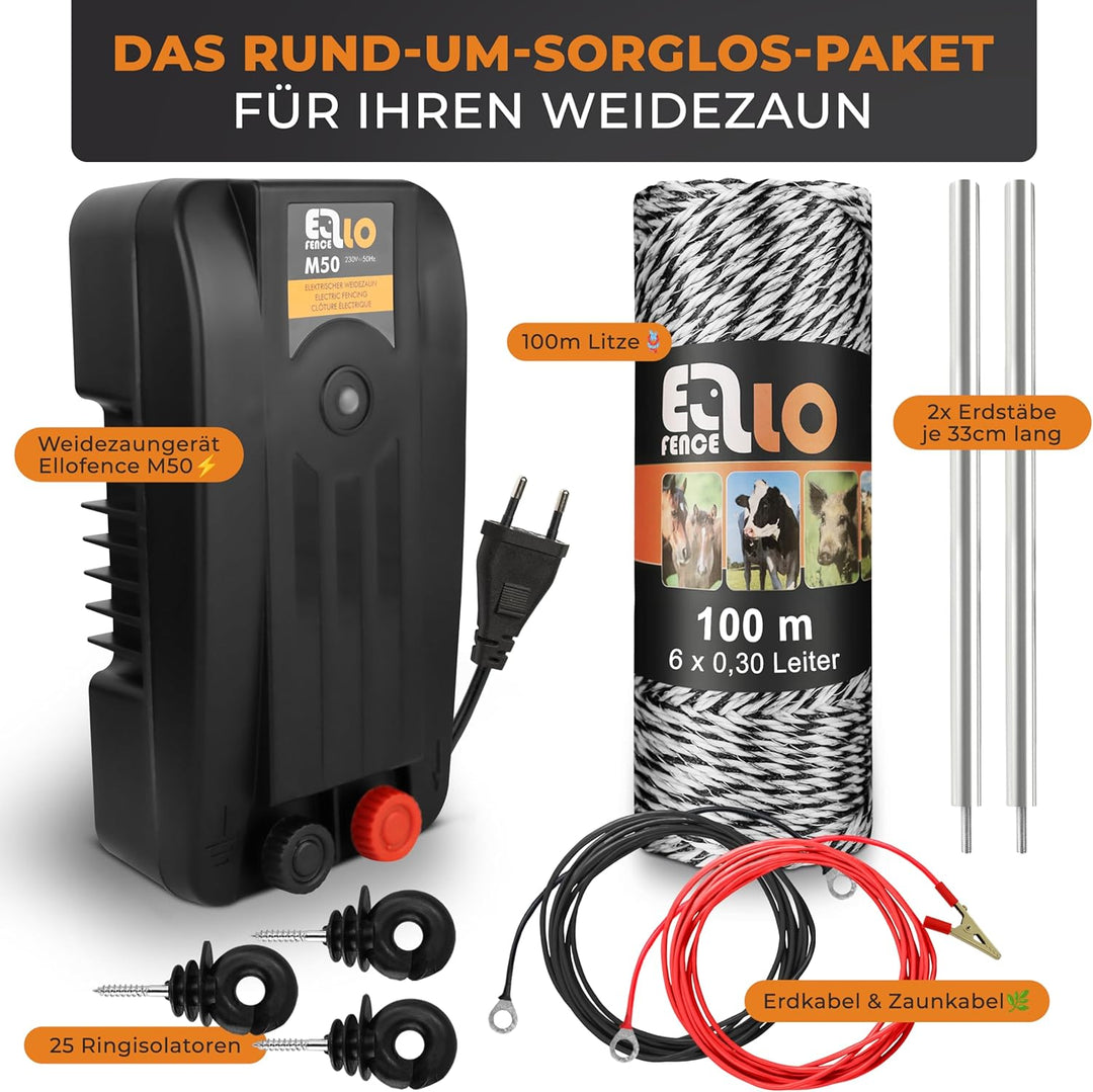 Ellofence Hobby Weidezaun Starterset komplett mit Weidezaungerät, Weidezaunlitze, Erdpfahl und Isola