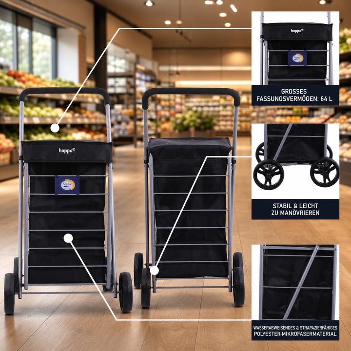 Hoppa Leichtgewichtiger 4-Rädiger Premium 2024 Modell Faltbarer Einkaufswagen Extra Grosse 64l Kapaz