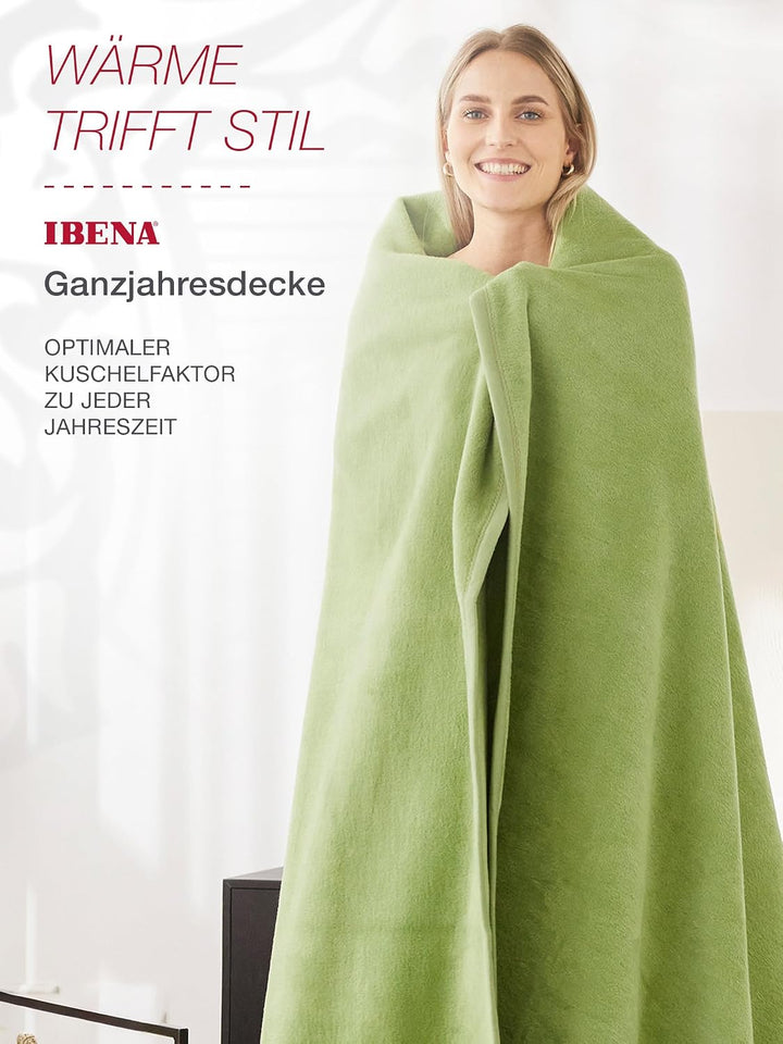 Ibena Porto Decke 150x200 cm – Baumwollmix weich, warm &amp; waschbar, Kuscheldecke grün einfarbig 150 x