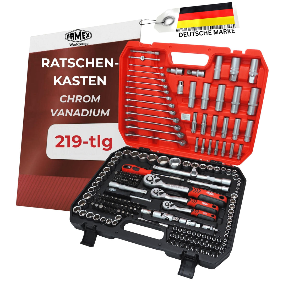 FAMEX 555-50 Steckschlüsselsatz 219-tlg. - 1/4 Zoll, 3/8 Zoll, 1/2 Zoll - alle Werkzeuge CV-Stahl -