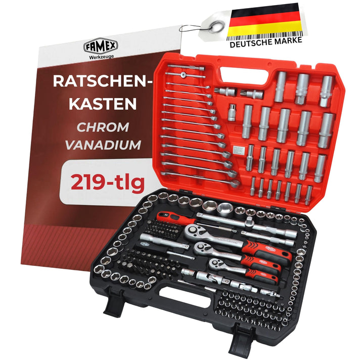 FAMEX 555-50 Steckschlüsselsatz 219-tlg. - 1/4 Zoll, 3/8 Zoll, 1/2 Zoll - alle Werkzeuge CV-Stahl -