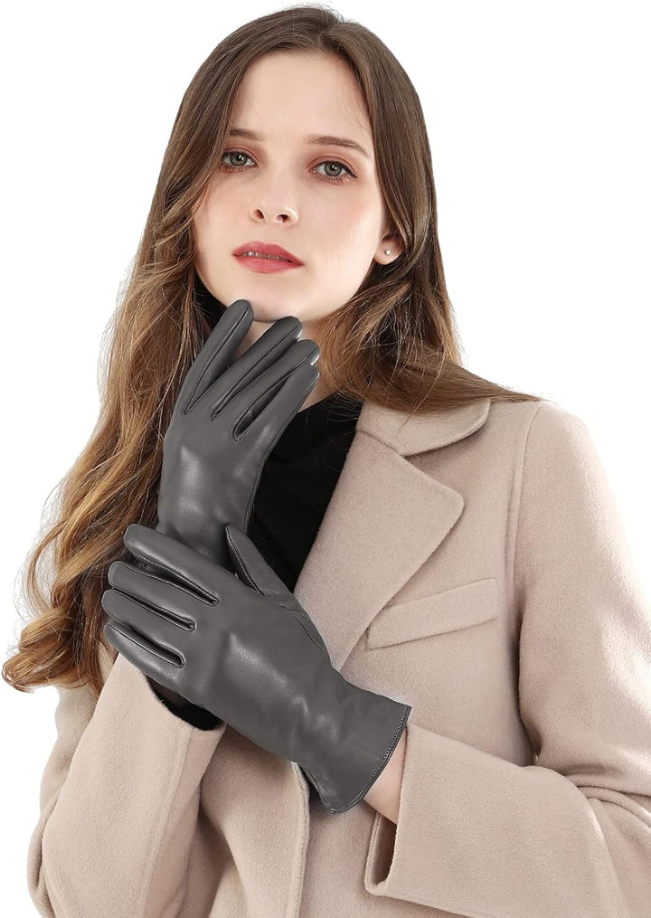 Touchscreen Handschuhe für Damen Warme Lederhandschuhe Gefüttert Winter SMS-Handschuhe Grau L, Grau