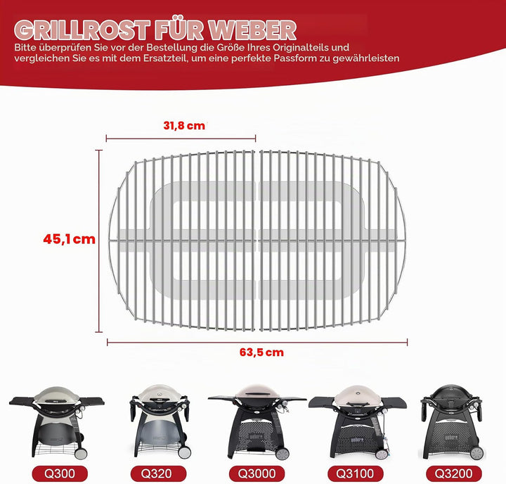 7646 Stainless Steel Cooking Grates for Weber Q300, Q320, Q3000, Q3200 Series, 63.5 x 45.2 cm Replac