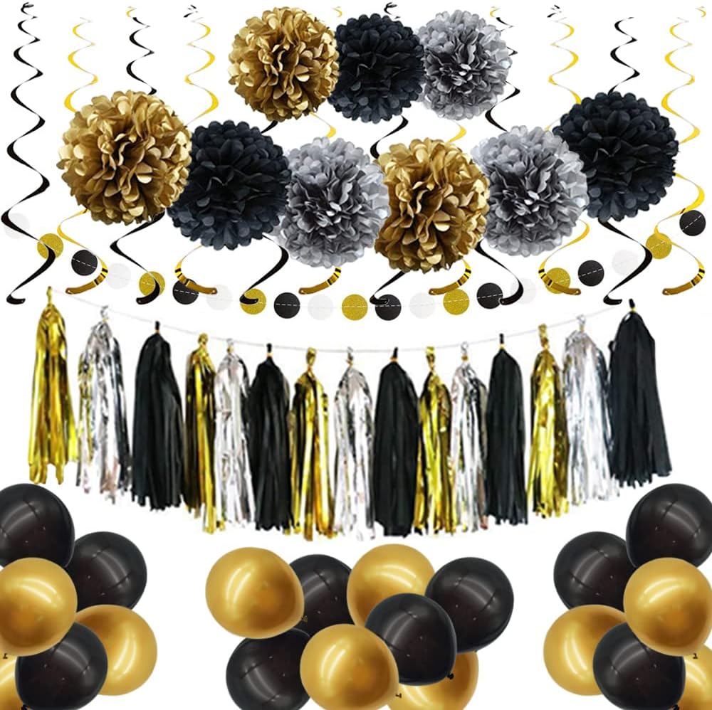 Schwarz Gold Party Deko Set - DIY Pompoms Blumen, Quaste Girlande, Luftballons, Polka Dot Papier Gir