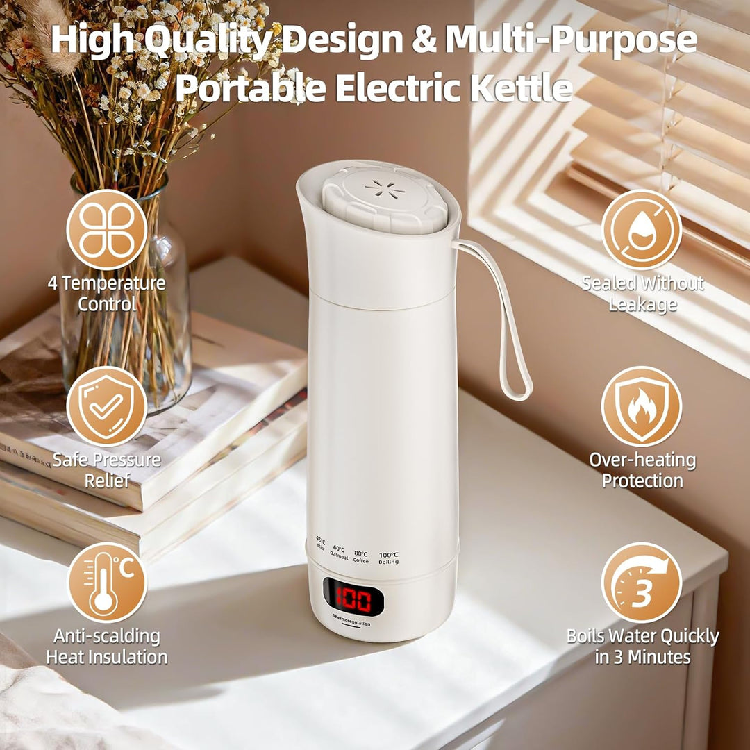 Elektrischer Reisewasserkocher Klein 400ml, Mini Wasserkocher mit 4 Temperatureinstellung, Tragbarer