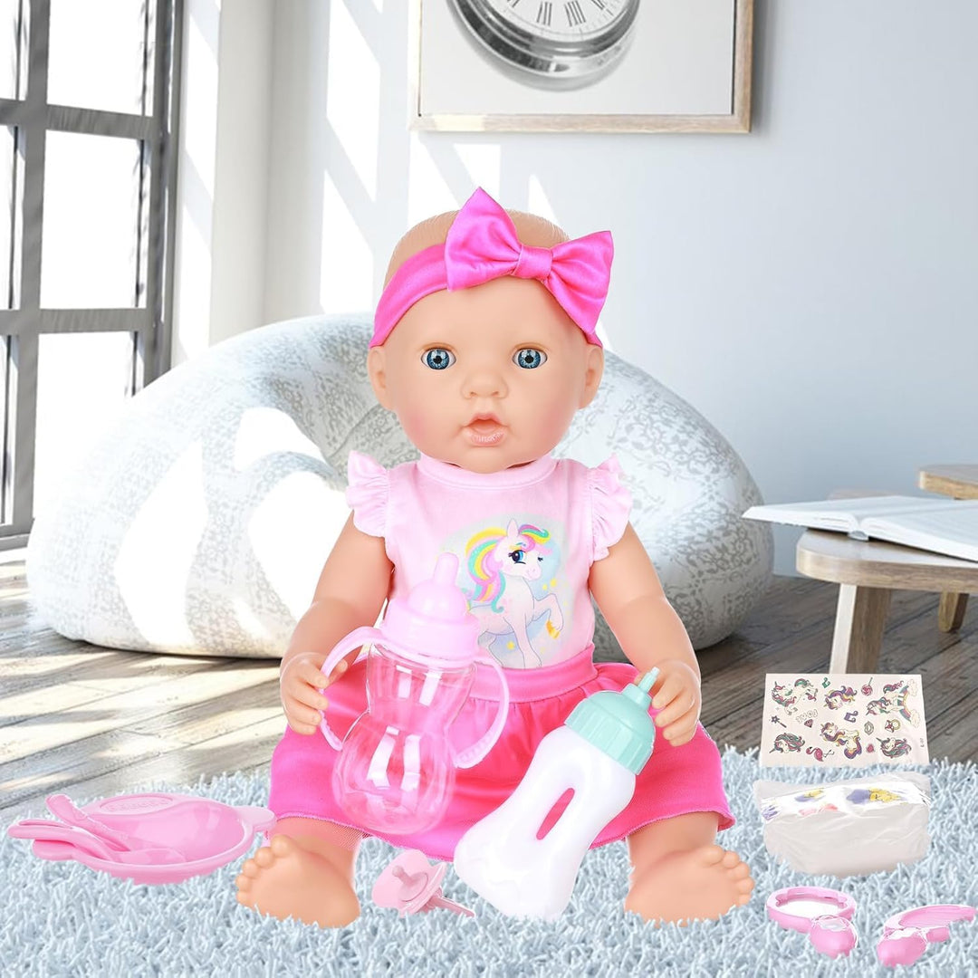 Babypuppe Zubehör Set – 13-teilig mit Puppenwickeltasche Kleid Kamm Spiegel Windel Lätzchen Aufklebe
