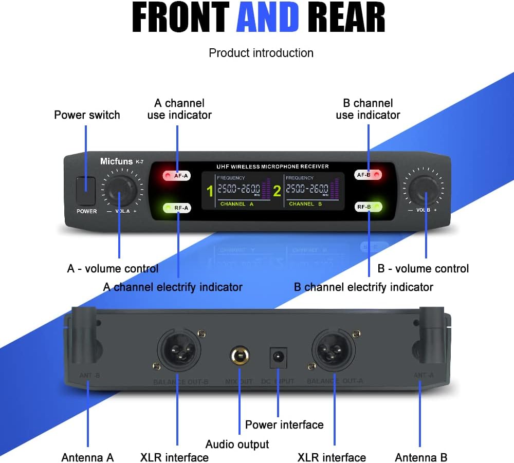 micfuns K7 Professional Mikrofon-Sets Wireless 2 Handheld VHF 230-250 MHz Mikrofonsystem 100 m Entfe