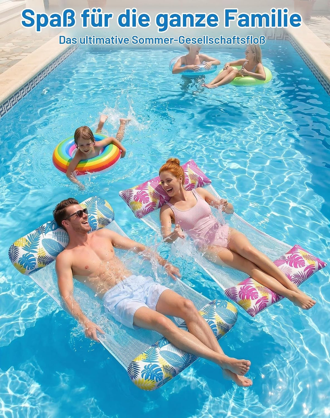 2 Stück Luftmatratze Pool XL - 4 in 1 Wasserhängematte mit Kopfstütze - Aufblasbare Luftmatratze Was