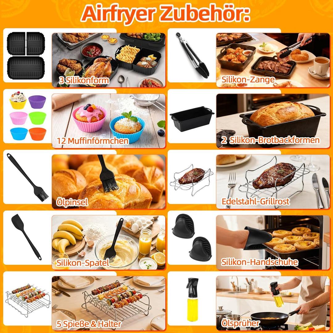 28 Stück Heissluftfritteuse Zubehör für Philips Dual FlexBasket Airfryer 1000 Series, BPA-frei, Airf