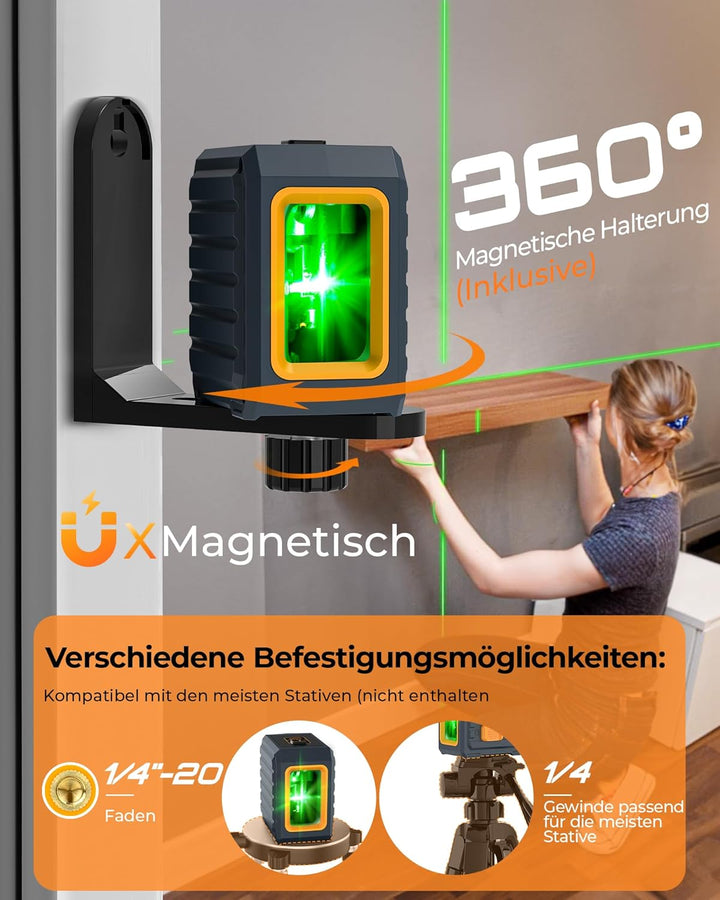Kreuzlinienlaser, CIGMAN Grüner Kreuzlaser Selbstnivellierend Linienlaser, 30m Arbeitsreichweite, 36