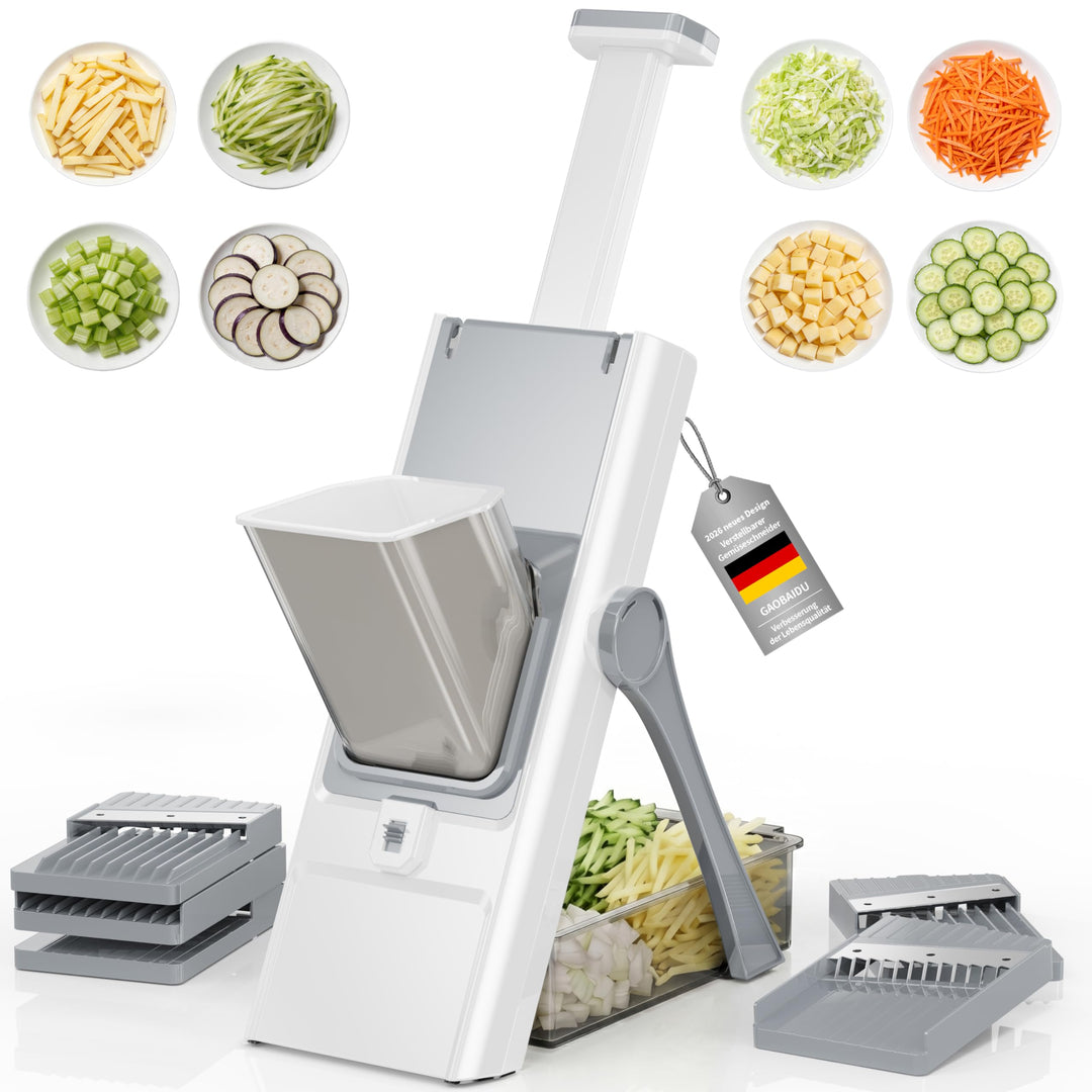 Sichere Mandoline 5 in 1, Gemüseschneider & Kartoffelschneider mit abnehmbaren Klingen | Erzeugt Sch