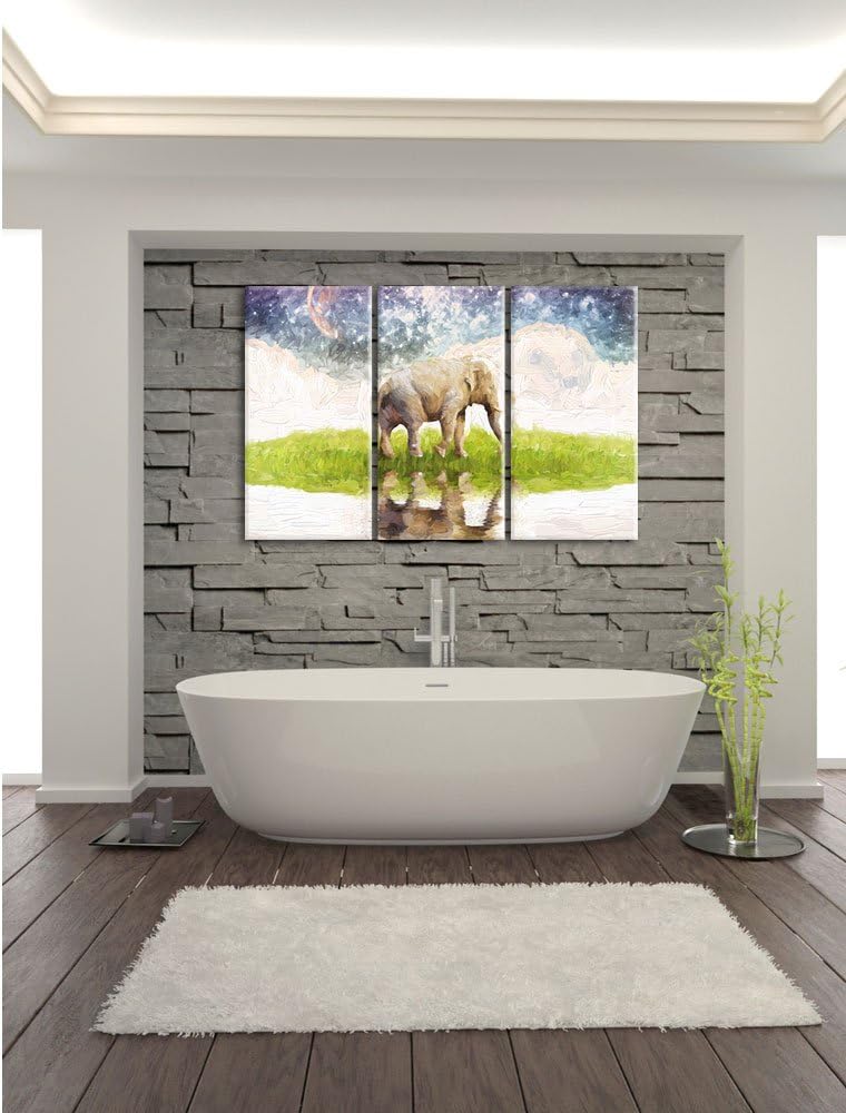 Pixxprint Elefant am Wasser / 3-Teilig/Gesamtmass 120cm Leinwandbild bespannt auf Holzrahmen/Wandbil
