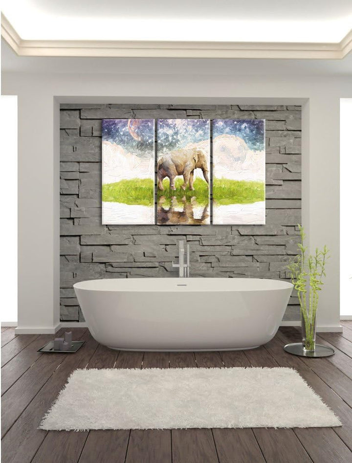 Pixxprint Elefant am Wasser / 3-Teilig/Gesamtmass 120cm Leinwandbild bespannt auf Holzrahmen/Wandbil