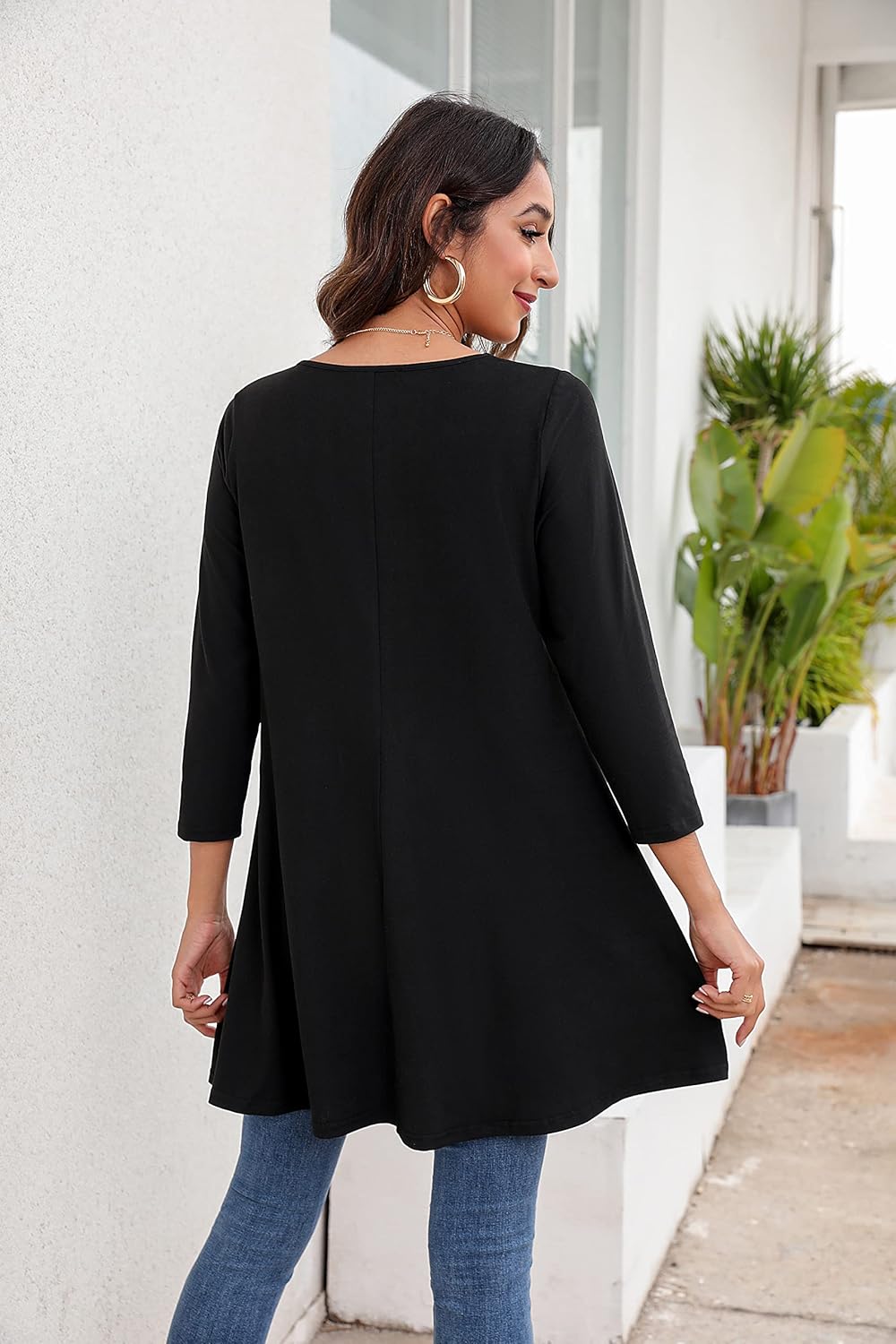 Enmain Damen Tunika Shirt Langarm/Kurzarm Bluse mit Blumen Longshirt Casual Elegante 3/4 Ärmel Rundh