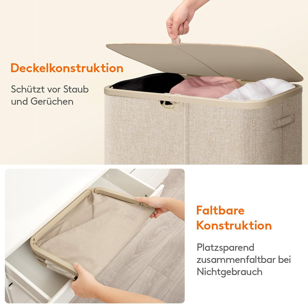 Lifewit 165L Wäschesammler mit Deckel, 3-Fach Wäschekorb mit Griffen und Tragetaschen, Grosser faltb