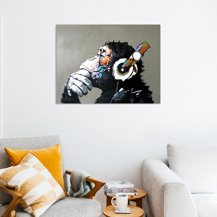Fokenzary Handgemaltes Ölgemälde auf Leinwand Pop Art Putziger Schimpanse hört Musik mit Kopfhörer m