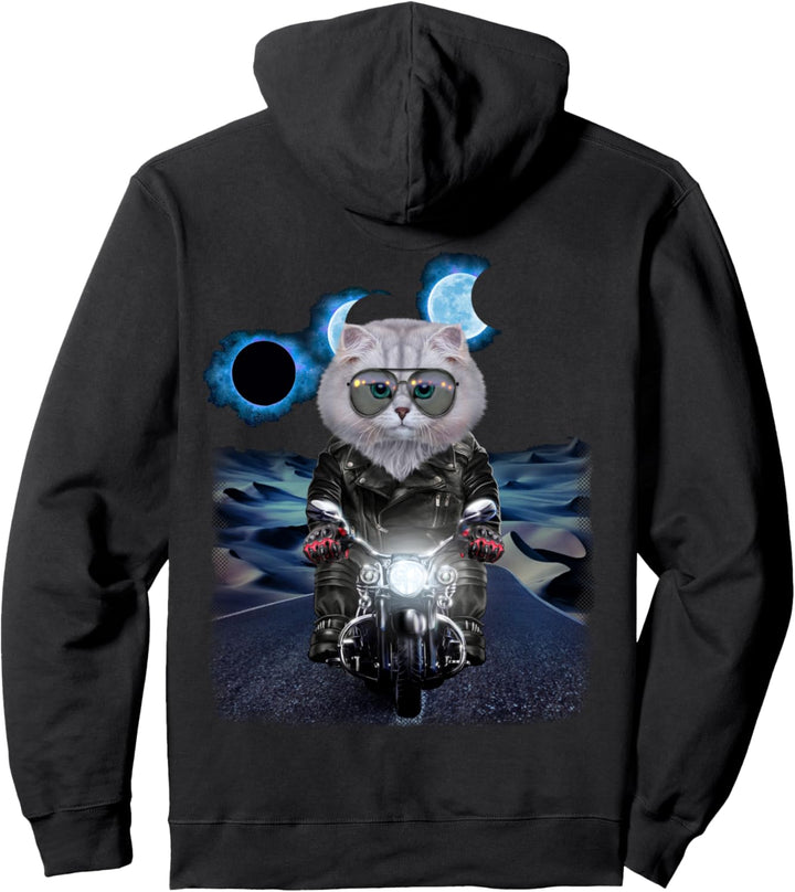 Weisse Katze auf Motorrad während Sonnenfinsternis Pullover Hoodie