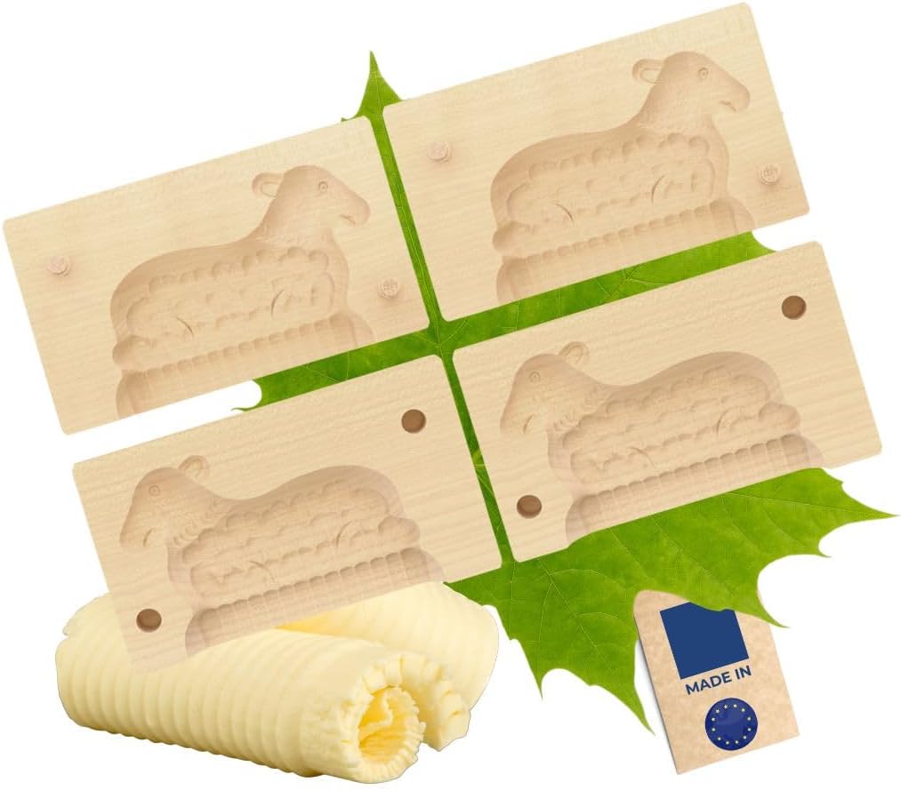 2X HOFMEISTER® Butter-Klappform, 2-teilig, Lamm, 14 cm, handgeschnitzt in Deutschland, Butterform zu
