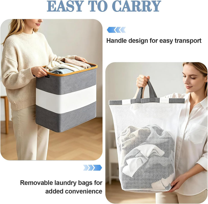 Verdego Wäschekorb mit Deckel, 2 Wäschesack, Wäschesammler, 102L, Grau | Laundry Basket Faltbarer, W
