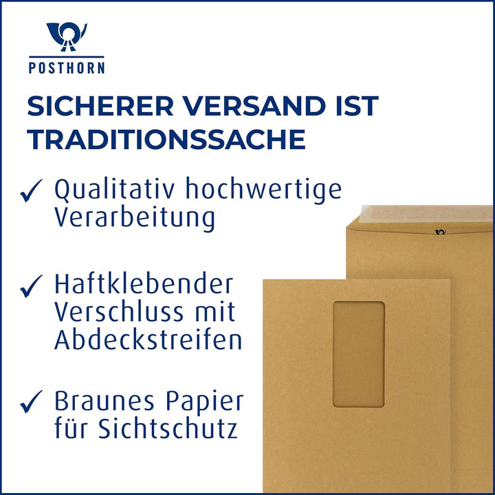 POSTHORN Versandtasche C5 (500 Stück), haftklebende Versandtaschen mit Fenster, braune Versandtasche