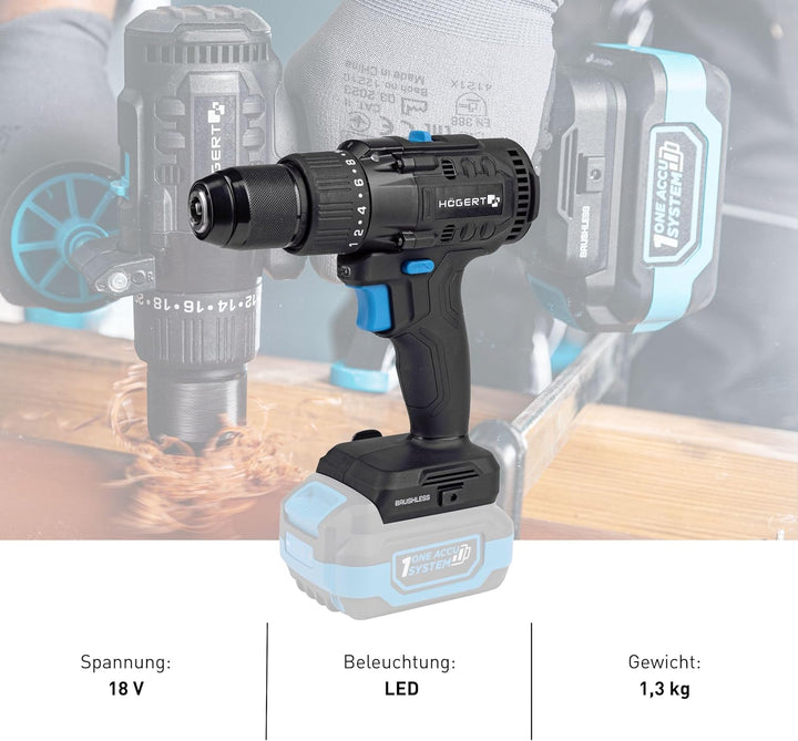 HÖGERT TECHNIK Bürstenloser Akku-Bohrschrauber 18V, 80 Nm Drehmoment, 13 mm Bohrfutter, 20+1 Drehmom